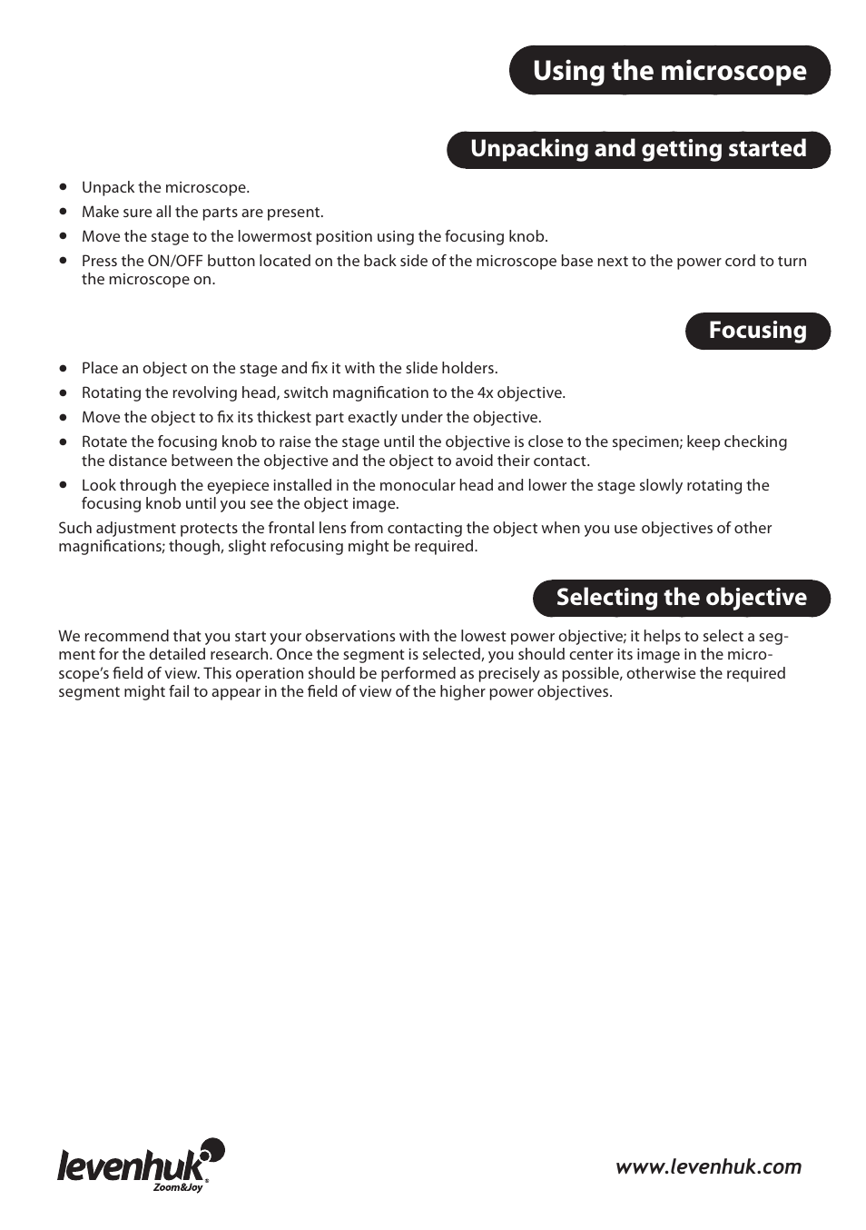 Using the microscope | Levenhuk 3L NG Microscope User Manual | Page 11 / 41