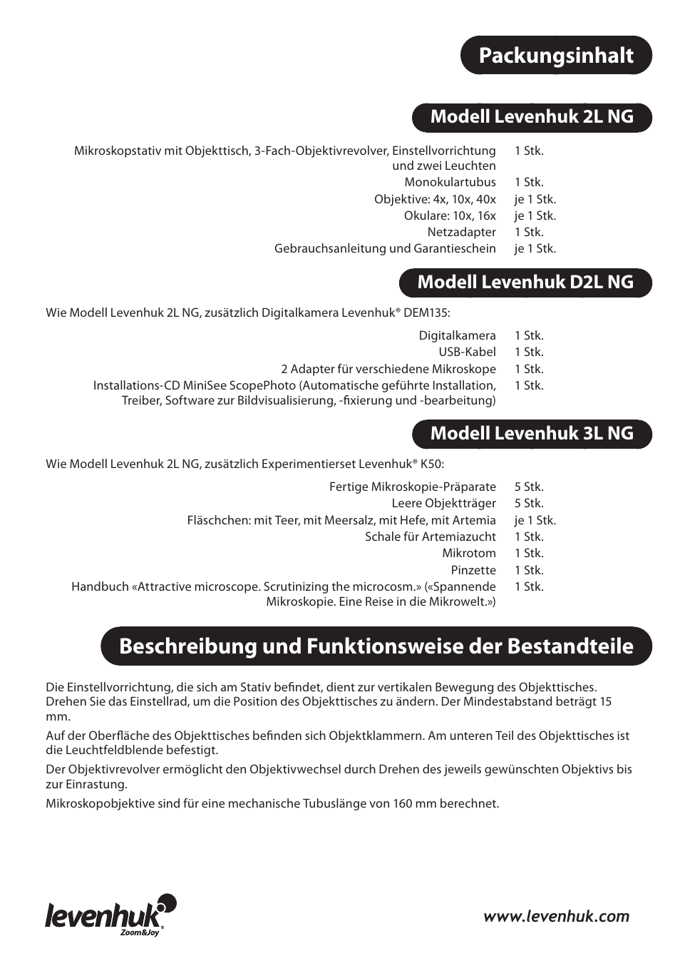 Packungsinhalt, Beschreibung und funktionsweise der bestandteile, Modell levenhuk 2l ng | Modell levenhuk d2l ng, Modell levenhuk 3l ng | Levenhuk 3L NG Microscope User Manual | Page 13 / 41