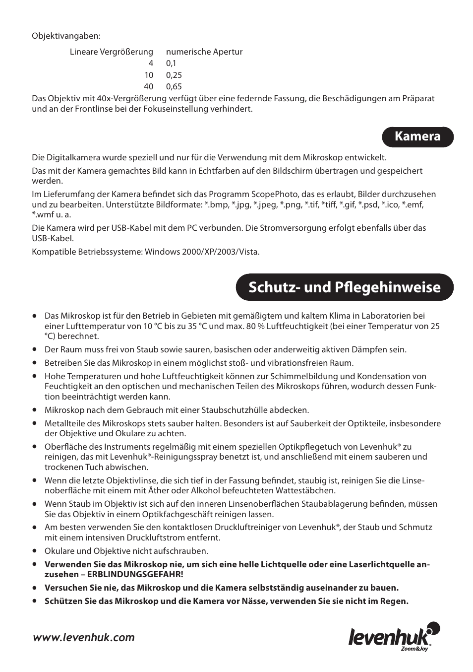 Schutz- und pflegehinweise, Kamera | Levenhuk 3L NG Microscope User Manual | Page 14 / 41