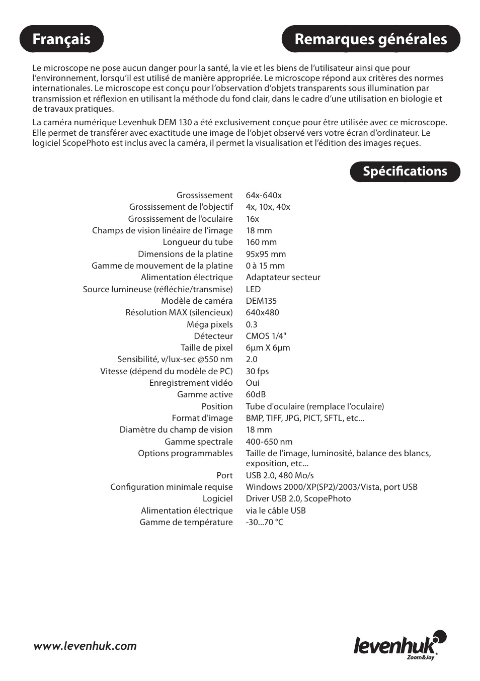 Remarques générales, Français, Spécifications | Levenhuk 3L NG Microscope User Manual | Page 16 / 41