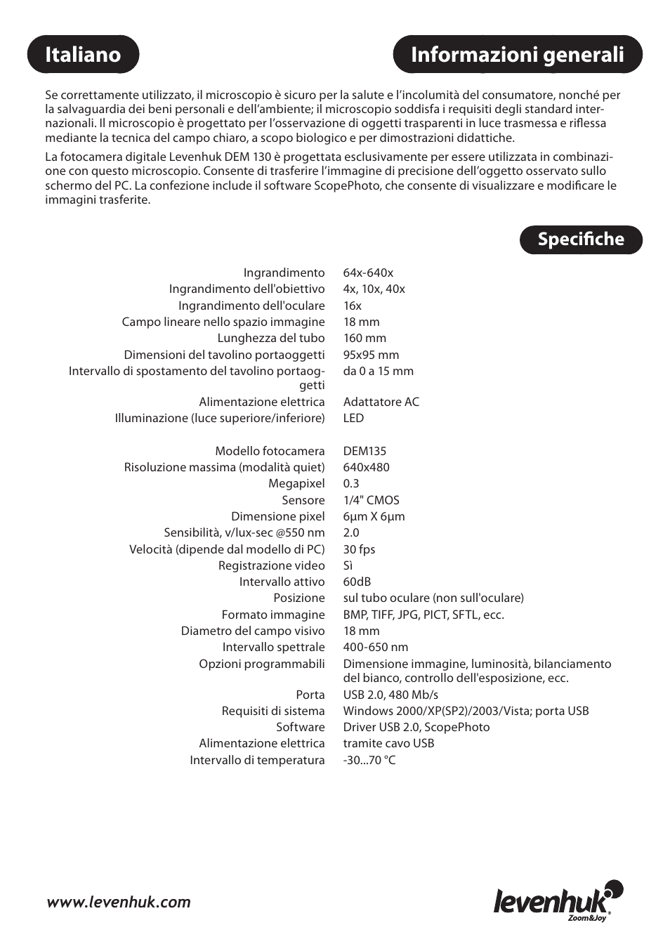 Informazioni generali, Italiano, Specifiche | Levenhuk 3L NG Microscope User Manual | Page 20 / 41