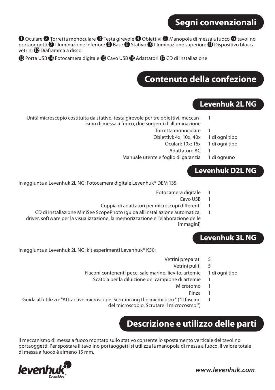 Segni convenzionali, Contenuto della confezione, Descrizione e utilizzo delle parti | Levenhuk 2l ng, Levenhuk d2l ng, Levenhuk 3l ng | Levenhuk 3L NG Microscope User Manual | Page 21 / 41