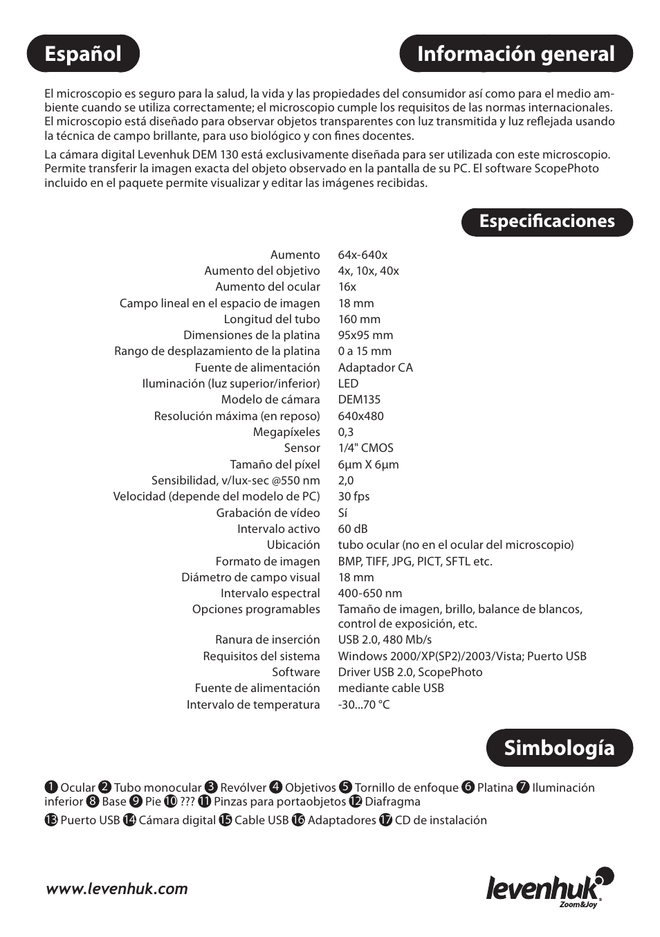 Información general, Simbología, Español | Especificaciones | Levenhuk 3L NG Microscope User Manual | Page 24 / 41