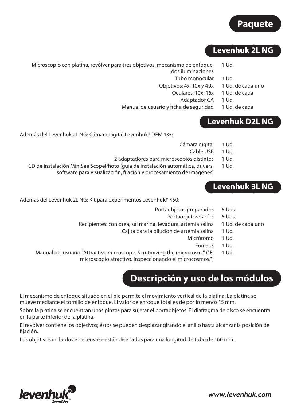 Paquete, Descripción y uso de los módulos, Levenhuk 2l ng | Levenhuk d2l ng, Levenhuk 3l ng | Levenhuk 3L NG Microscope User Manual | Page 25 / 41