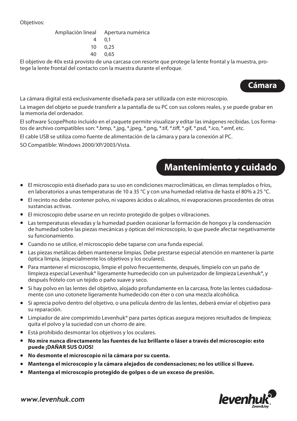 Mantenimiento y cuidado, Cámara | Levenhuk 3L NG Microscope User Manual | Page 26 / 41