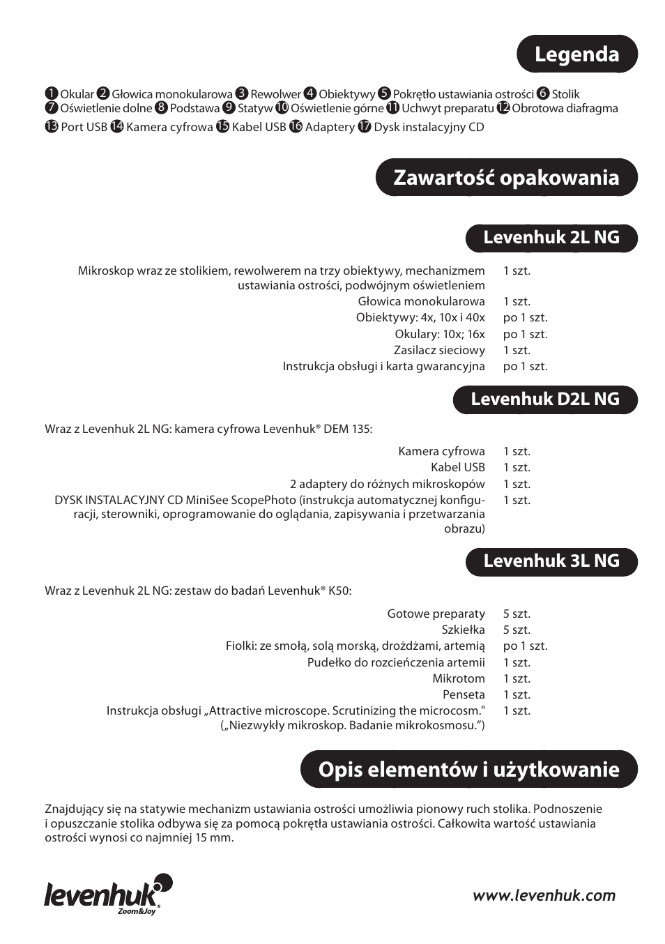 Legenda, Zawartość opakowania, Opis elementów i użytkowanie | Levenhuk 2l ng, Levenhuk d2l ng, Levenhuk 3l ng | Levenhuk 3L NG Microscope User Manual | Page 33 / 41