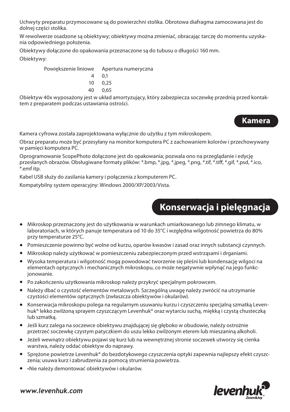 Konserwacja i pielęgnacja, Kamera | Levenhuk 3L NG Microscope User Manual | Page 34 / 41