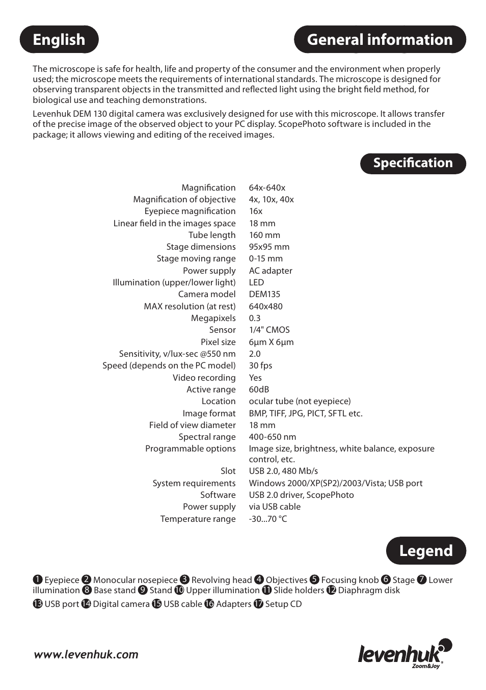 General information, Legend, English | Specification | Levenhuk 3L NG Microscope User Manual | Page 8 / 41