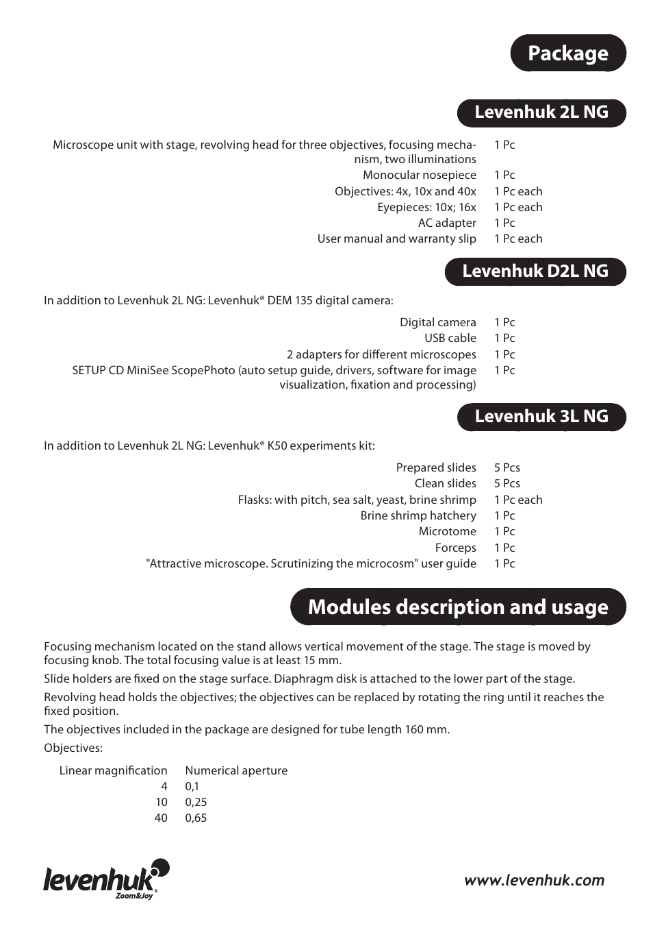 Package, Modules description and usage, Levenhuk 2l ng | Levenhuk d2l ng, Levenhuk 3l ng | Levenhuk 3L NG Microscope User Manual | Page 9 / 41