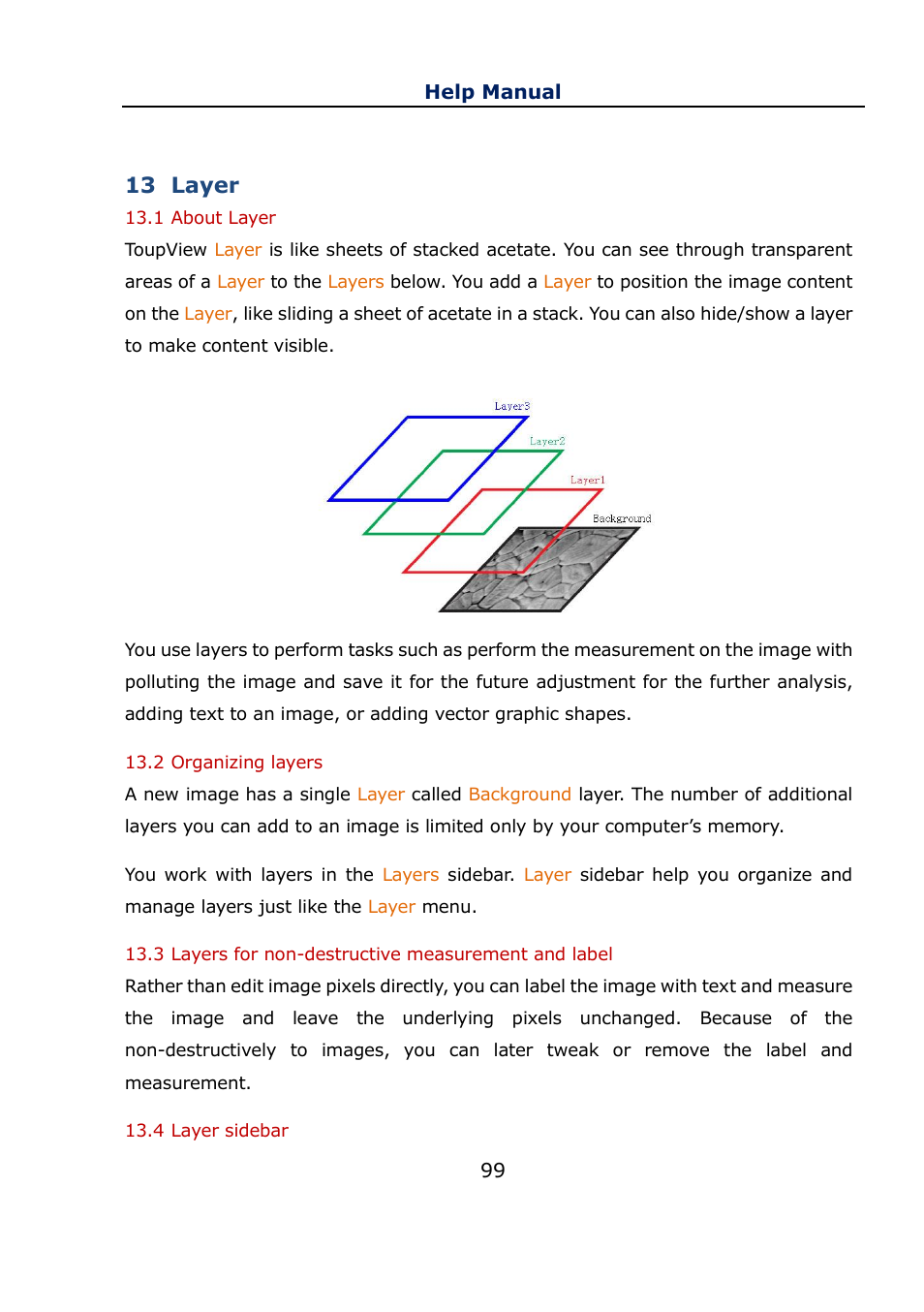 13 layer, 1 about layer, 2 organizing layers | 3 layers for non-destructive measurement and label, 4 layer sidebar, Layer, About layer, Organizing layers, Layers for non-destructive measurement and label, Layer sidebar | Levenhuk C800 NG Digital Camera, USB 2.0 User Manual | Page 107 / 143