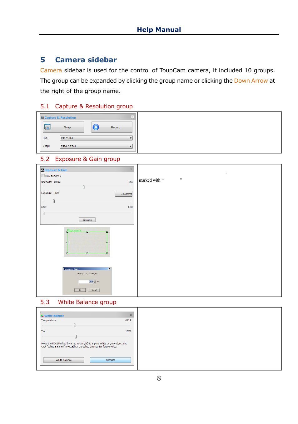 5 camera sidebar, 1 capture & resolution group, 2 exposure & gain group | 3 white balance group, Camera sidebar, Capture & resolution group, Exposure & gain group, White balance group, Help manual 8 | Levenhuk C800 NG Digital Camera, USB 2.0 User Manual | Page 16 / 143