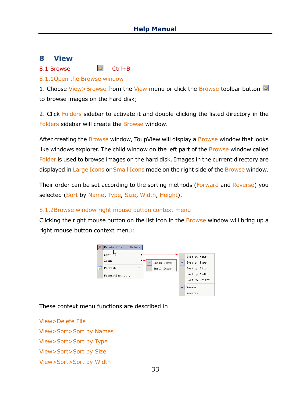 8 view, 1 browse ctrl+b, 1 open the browse window | 2 browse window right mouse button context menu, View, Browse ctrl+b, Open the browse window, Browse window right mouse button context menu | Levenhuk C800 NG Digital Camera, USB 2.0 User Manual | Page 41 / 143