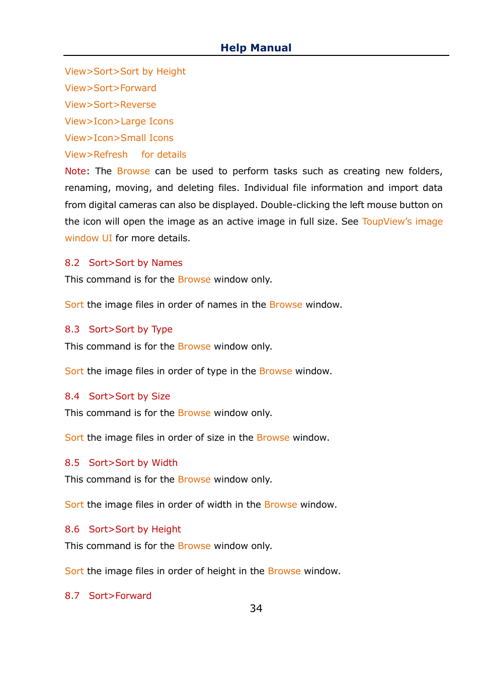 2 sort>sort by names, 3 sort>sort by type, 4 sort>sort by size | 5 sort>sort by width, 6 sort>sort by height, 7 sort>forward, Sort>sort by names, Sort>sort by type, Sort>sort by size, Sort>sort by width | Levenhuk C800 NG Digital Camera, USB 2.0 User Manual | Page 42 / 143