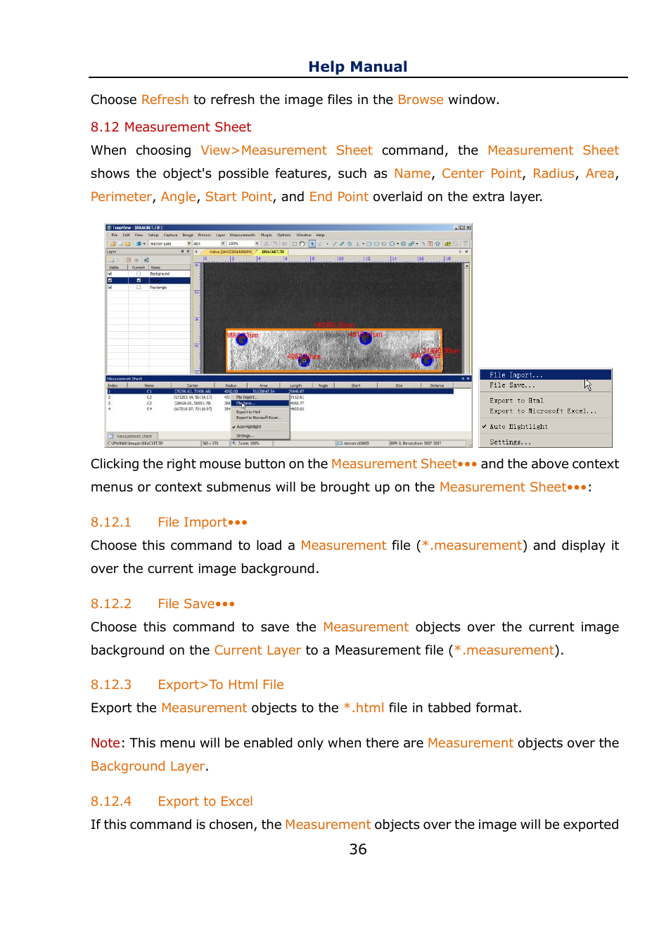 12 measurement sheet, 1 file import, 2 file save | 3 export>to html file, 4 export to excel, Measurement sheet, File import, File save, Export>to html file, Export to excel | Levenhuk C800 NG Digital Camera, USB 2.0 User Manual | Page 44 / 143
