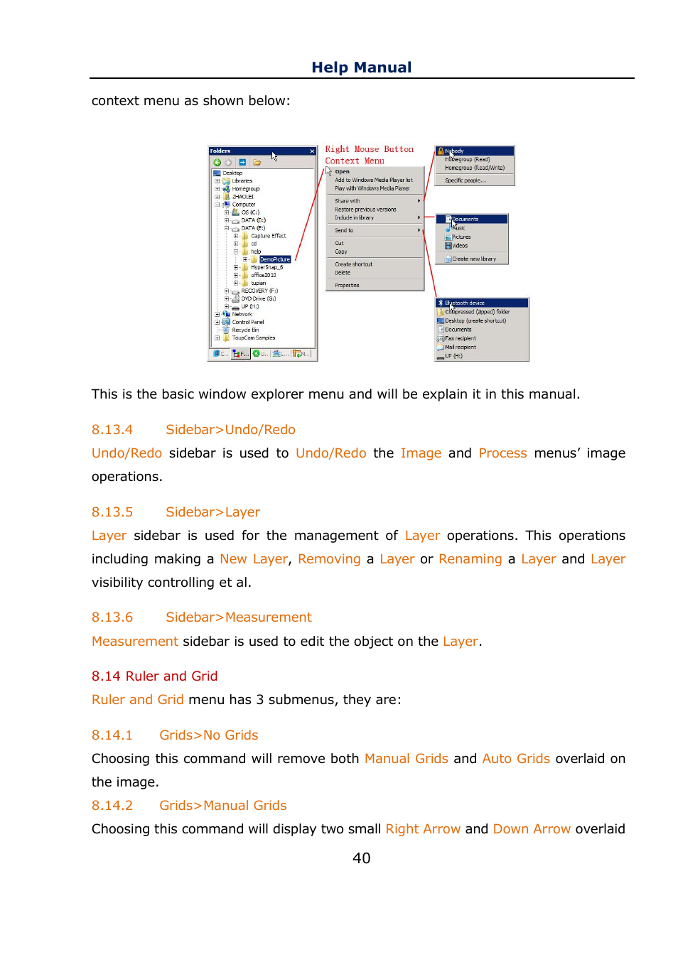 4 sidebar>undo/redo, 5 sidebar>layer, 6 sidebar>measurement | 14 ruler and grid, 1 grids>no grids, 2 grids>manual grids, Sidebar>undo/redo, Sidebar>layer, Sidebar>measurement, Ruler and grid | Levenhuk C800 NG Digital Camera, USB 2.0 User Manual | Page 48 / 143
