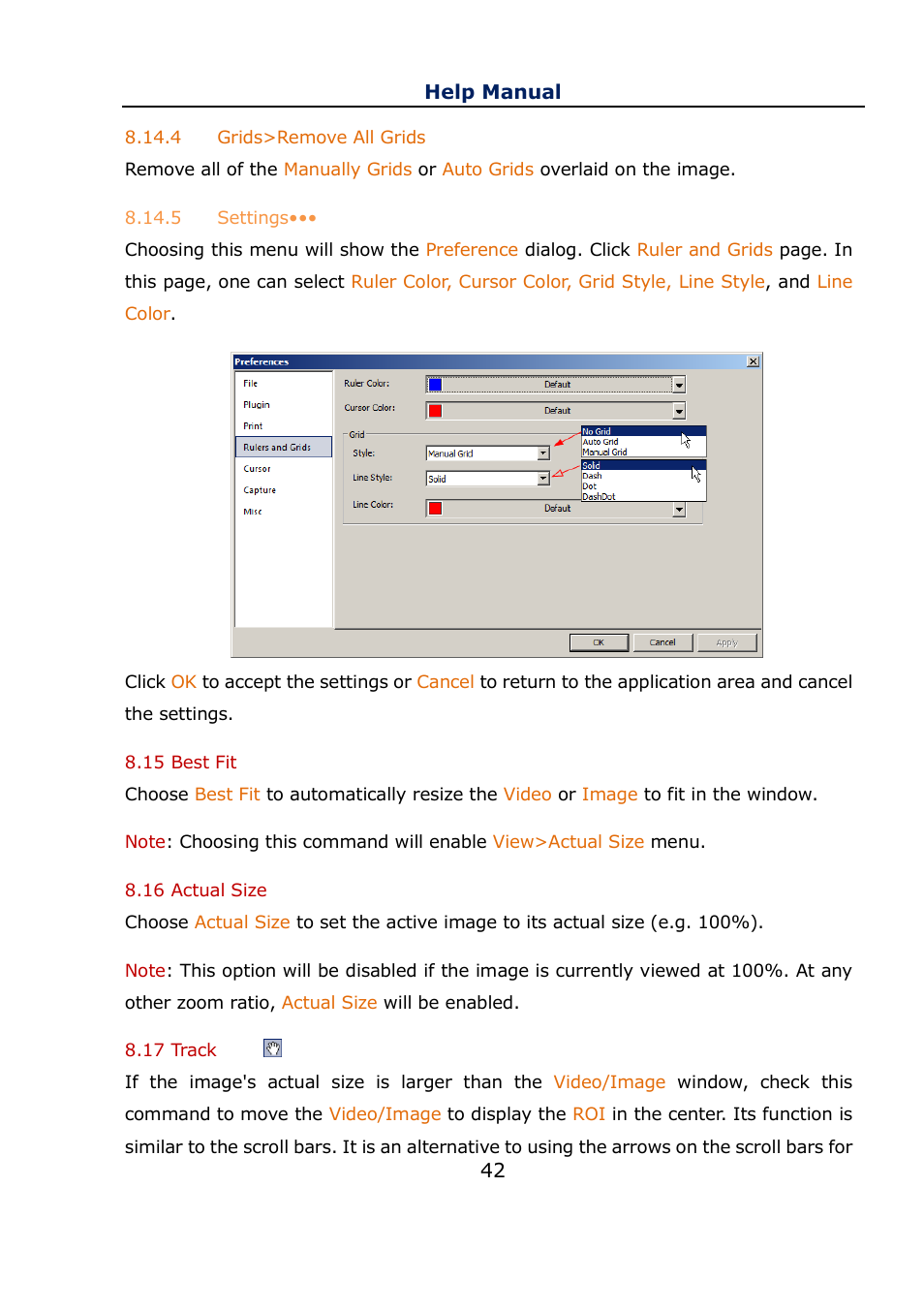 4 grids>remove all grids, 5 settings, 15 best fit | 16 actual size, 17 track, Grids>remove all grids, Settings, Best fit, Actual size, Track | Levenhuk C800 NG Digital Camera, USB 2.0 User Manual | Page 50 / 143