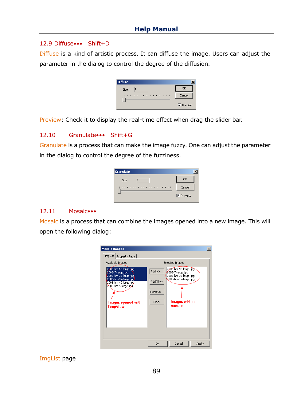 9 diffuse••• shift+d, 10 granulate••• shift+g, 11 mosaic | Diffuse••• shift+d, Granulate••• shift+g, Mosaic | Levenhuk C800 NG Digital Camera, USB 2.0 User Manual | Page 97 / 143