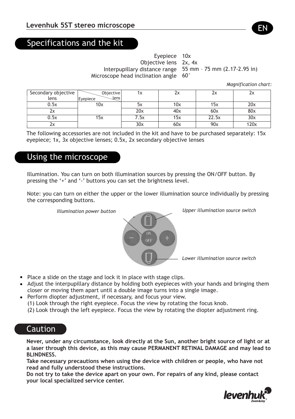 Using the microscope specifications and the kit, Caution, Levenhuk 5st stereo microscope | Levenhuk 5ST Microscope User Manual | Page 3 / 16