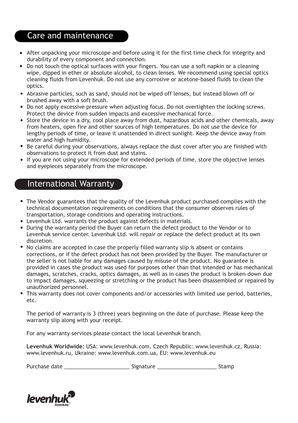 International warranty, Care and maintenance | Levenhuk 5ST Microscope User Manual | Page 4 / 16