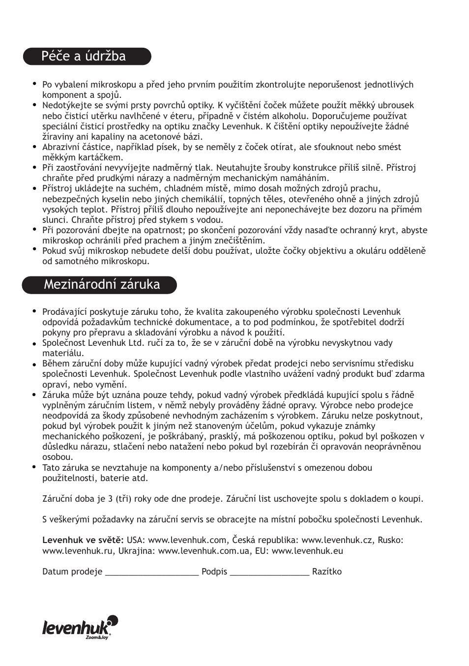 Mezinárodní záruka, Péče a údržba | Levenhuk 5ST Microscope User Manual | Page 6 / 16