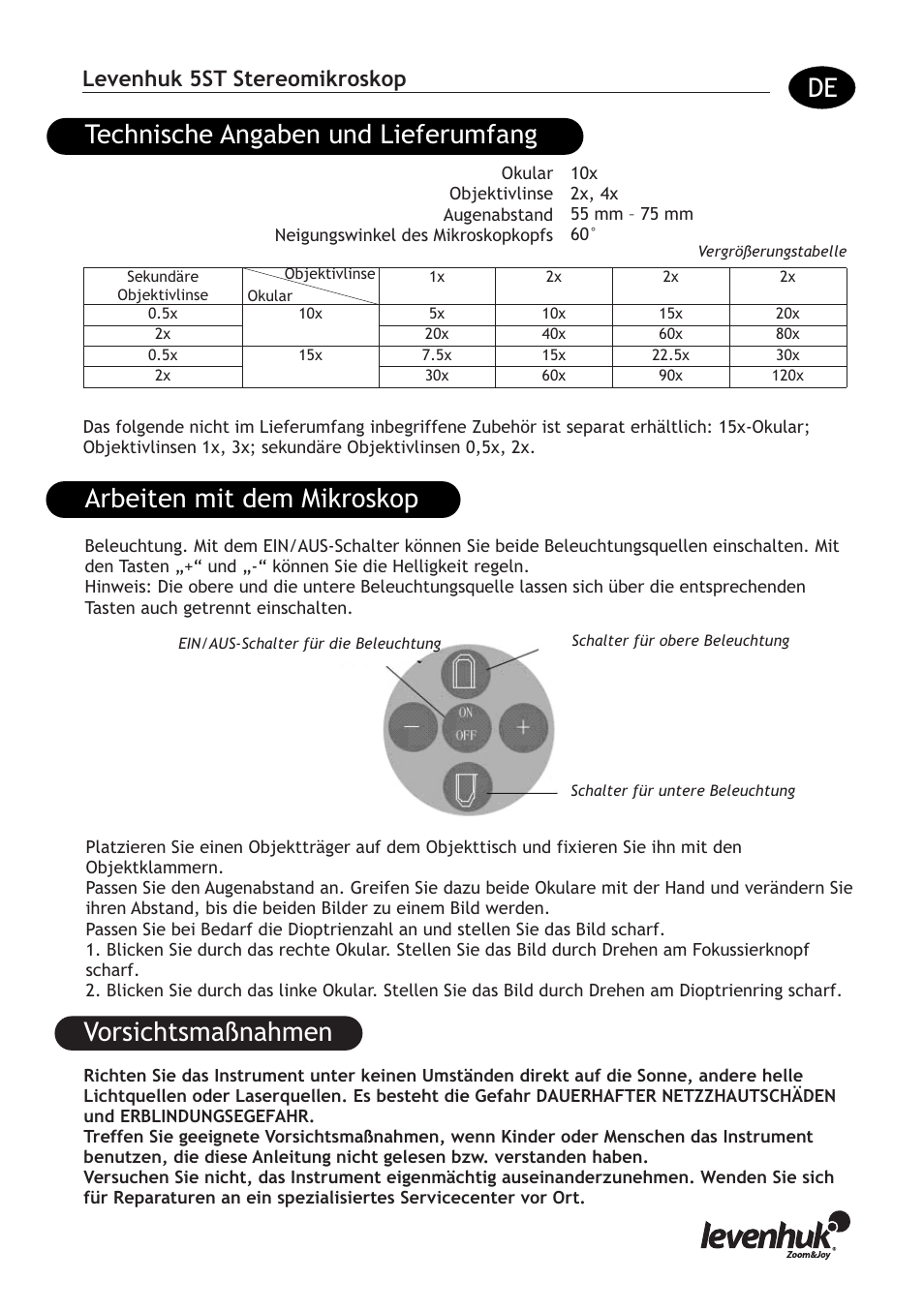 Vorsichtsmaßnahmen, Levenhuk 5st stereomikroskop | Levenhuk 5ST Microscope User Manual | Page 7 / 16