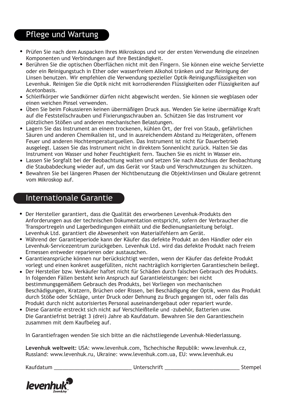 Internationale garantie, Pflege und wartung | Levenhuk 5ST Microscope User Manual | Page 8 / 16