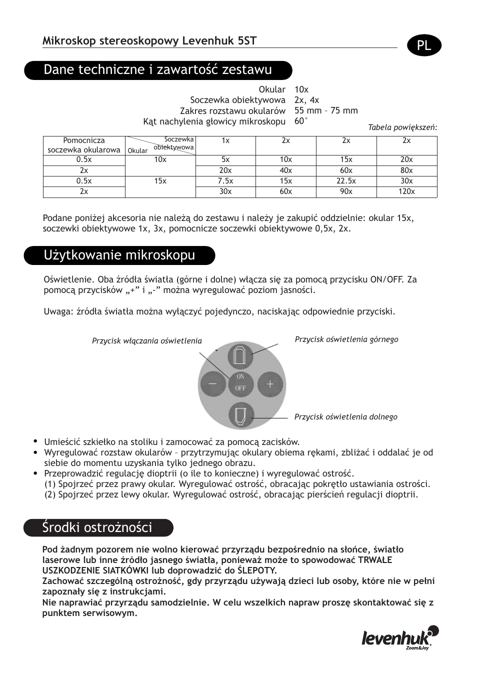 Środki ostrożności, Mikroskop stereoskopowy levenhuk 5st | Levenhuk 5ST Microscope User Manual | Page 9 / 16