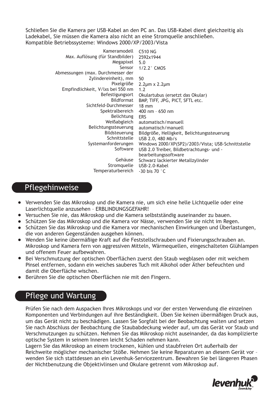 Pflegehinweise pflege und wartung | Levenhuk D670T Digital Trinocular Microscope User Manual | Page 13 / 28