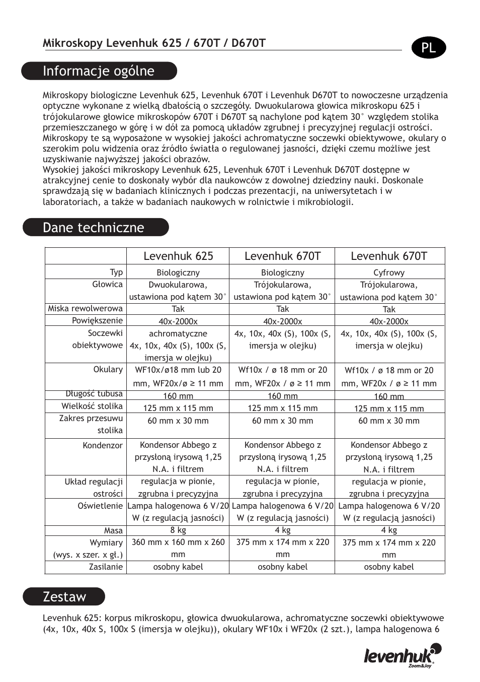 Informacje ogólne dane techniczne, Zestaw, Levenhuk 625 | Levenhuk 670t | Levenhuk D670T Digital Trinocular Microscope User Manual | Page 15 / 28