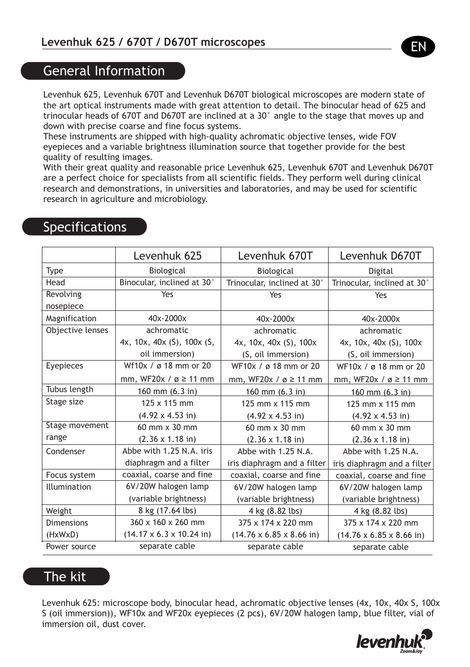 General information specifications, The kit, Levenhuk 625 | Levenhuk D670T Digital Trinocular Microscope User Manual | Page 3 / 28