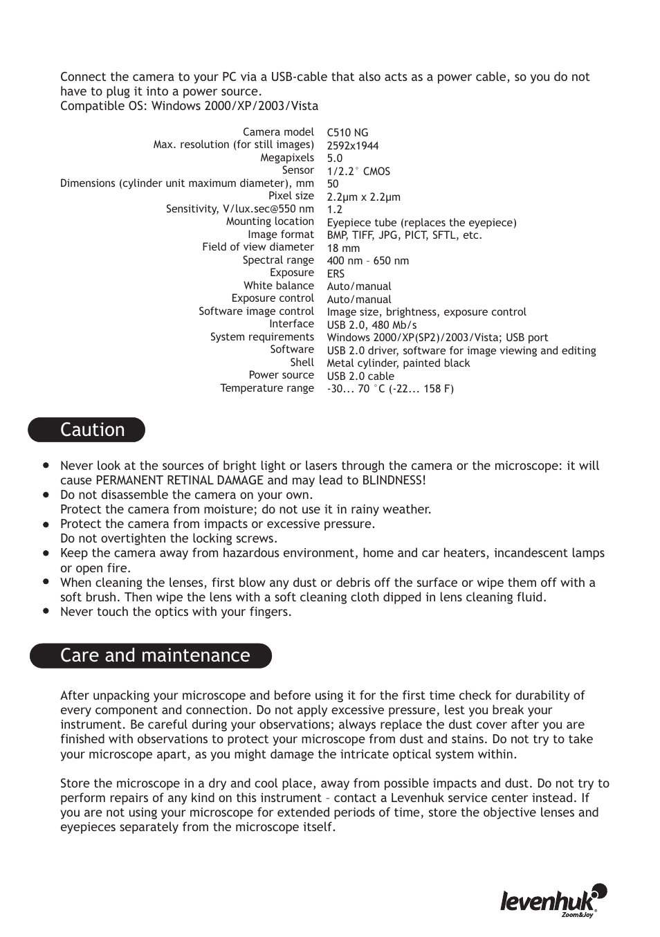 Caution care and maintenance | Levenhuk D670T Digital Trinocular Microscope User Manual | Page 5 / 28