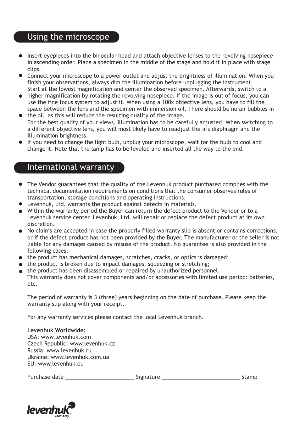 Using the microscope international warranty | Levenhuk D670T Digital Trinocular Microscope User Manual | Page 6 / 28