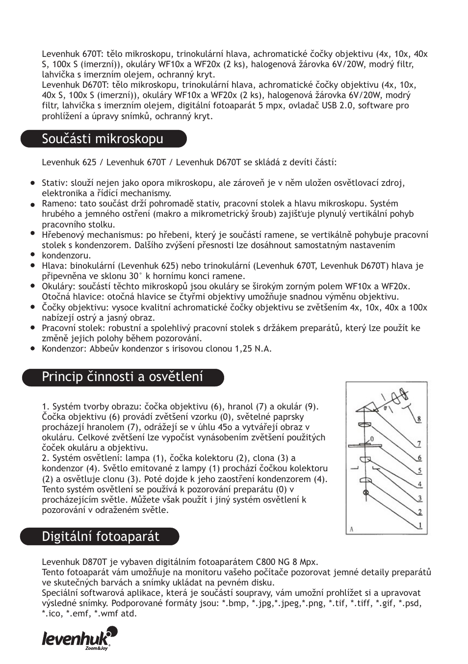 Součásti mikroskopu princip činnosti a osvětlení, Digitální fotoaparát | Levenhuk D670T Digital Trinocular Microscope User Manual | Page 8 / 28
