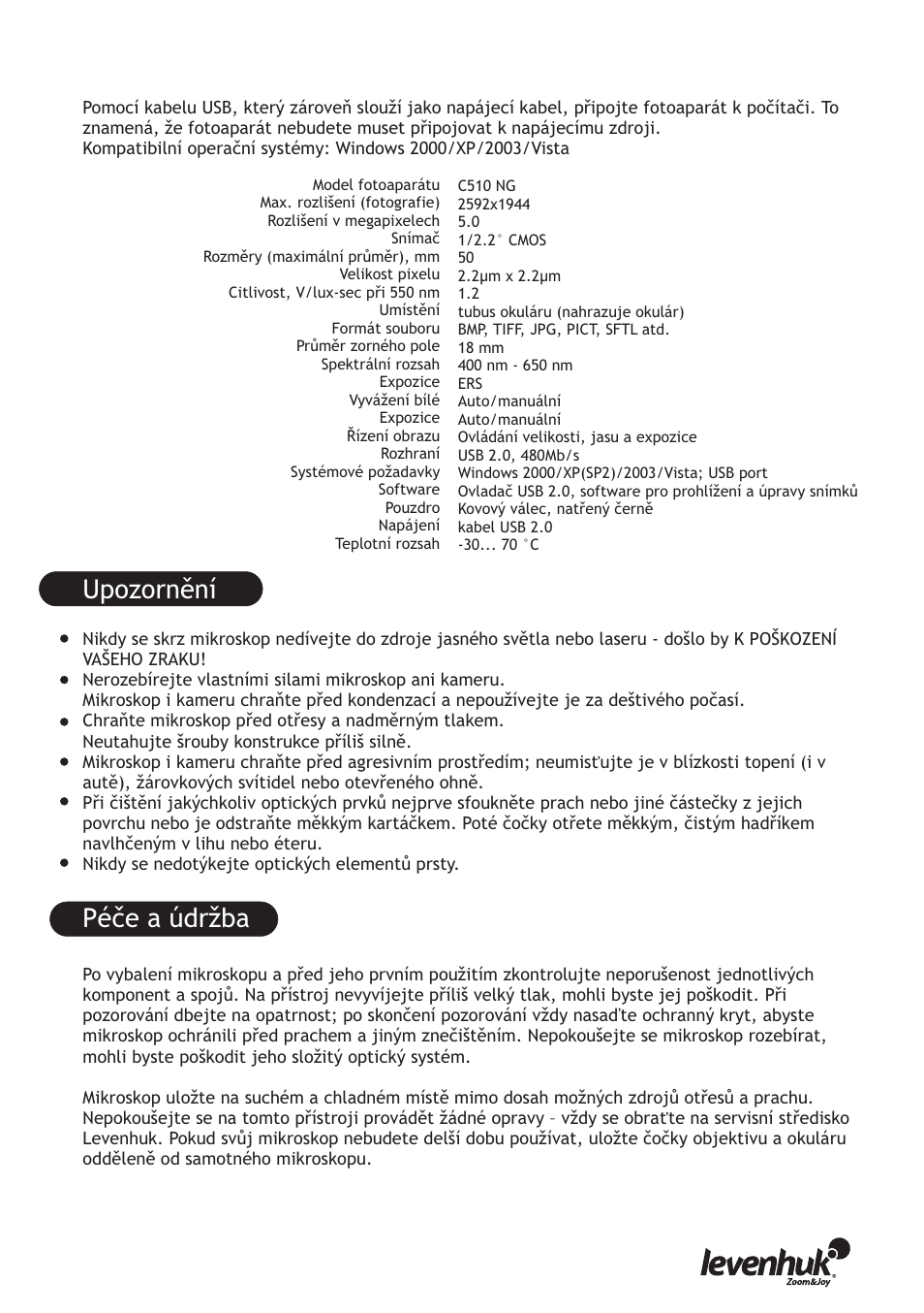 Upozornění péče a údržba | Levenhuk D670T Digital Trinocular Microscope User Manual | Page 9 / 28
