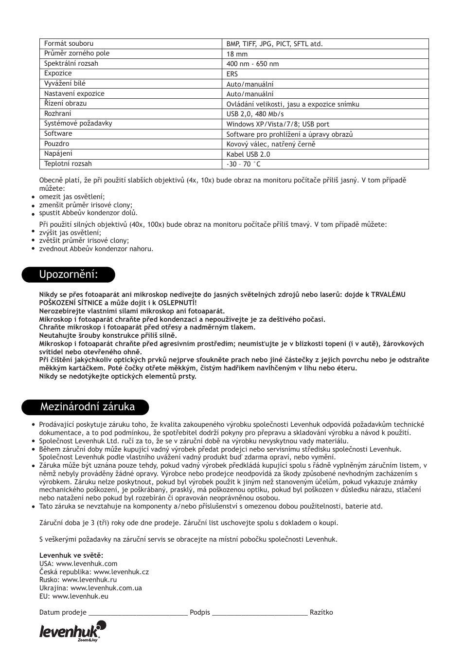 Принцип работы, Mezinárodní záruka upozornění | Levenhuk 850B Biological Binocular Microscope User Manual | Page 12 / 36