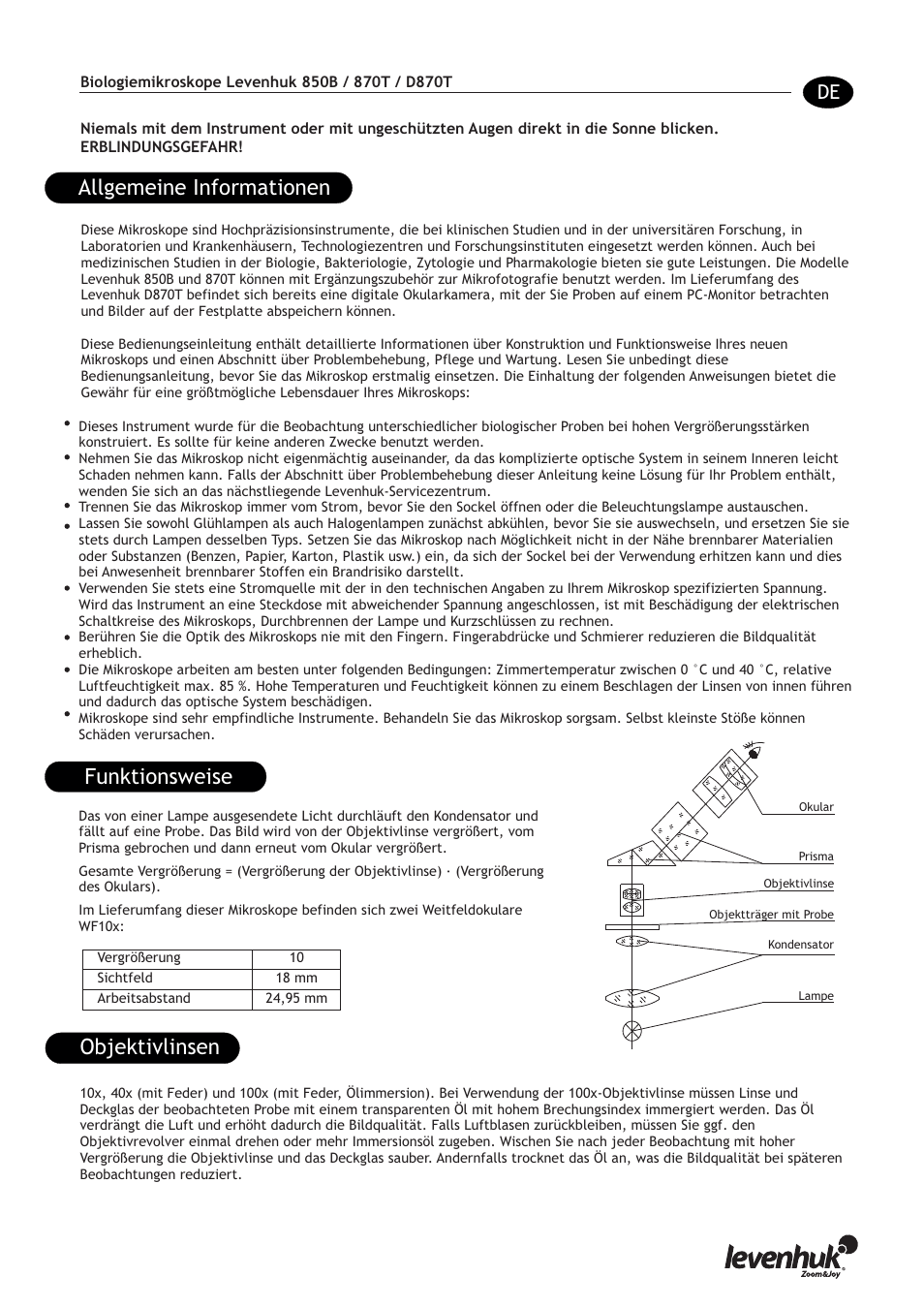 Allgemeine informationen, Funktionsweise, Принцип работы | Objektivlinsen | Levenhuk 850B Biological Binocular Microscope User Manual | Page 13 / 36