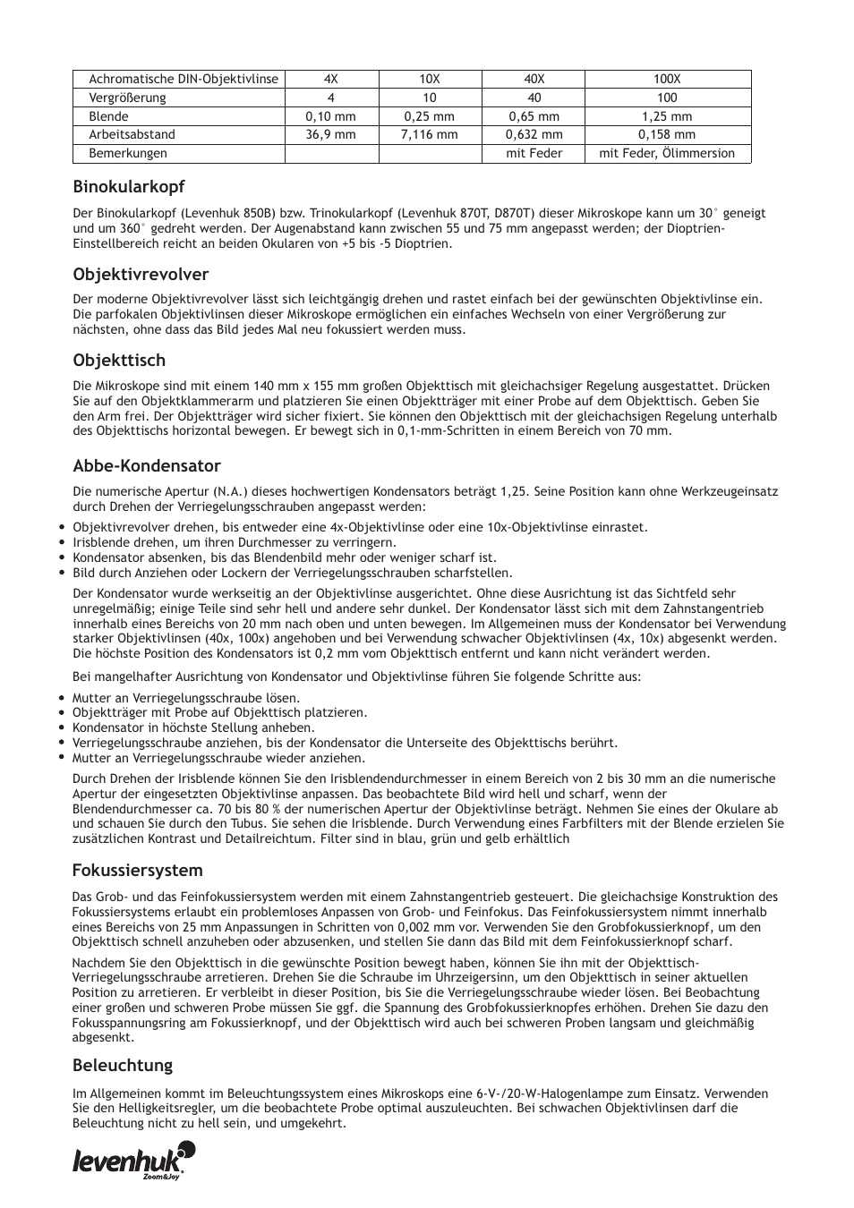 Принцип работы, Objekttisch, Objektivrevolver | Binokularkopf abbe-kondensator, Fokussiersystem, Beleuchtung | Levenhuk 850B Biological Binocular Microscope User Manual | Page 14 / 36