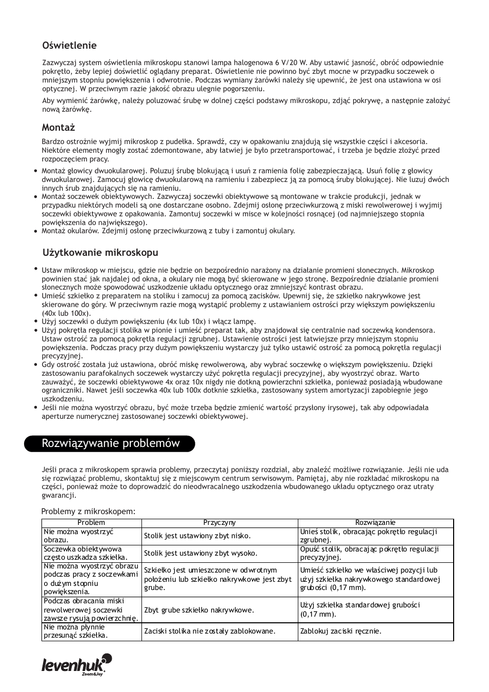 Rozwiązywanie problemów, Montaż użytkowanie mikroskopu, Oświetlenie | Levenhuk 850B Biological Binocular Microscope User Manual | Page 20 / 36