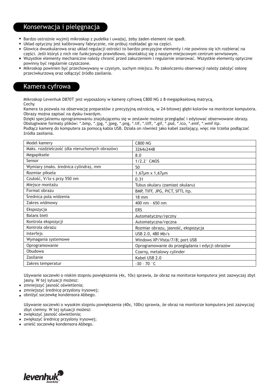 Принцип работы, Konserwacja i pielęgnacja | Levenhuk 850B Biological Binocular Microscope User Manual | Page 22 / 36