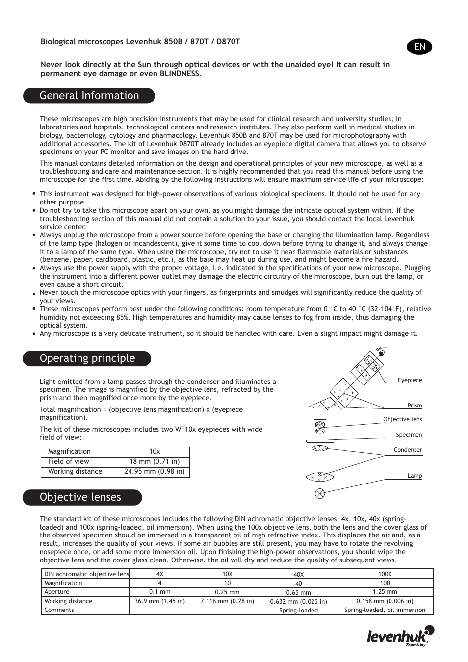 General information, Operating principle, Objective lenses принцип работы | Levenhuk 850B Biological Binocular Microscope User Manual | Page 3 / 36