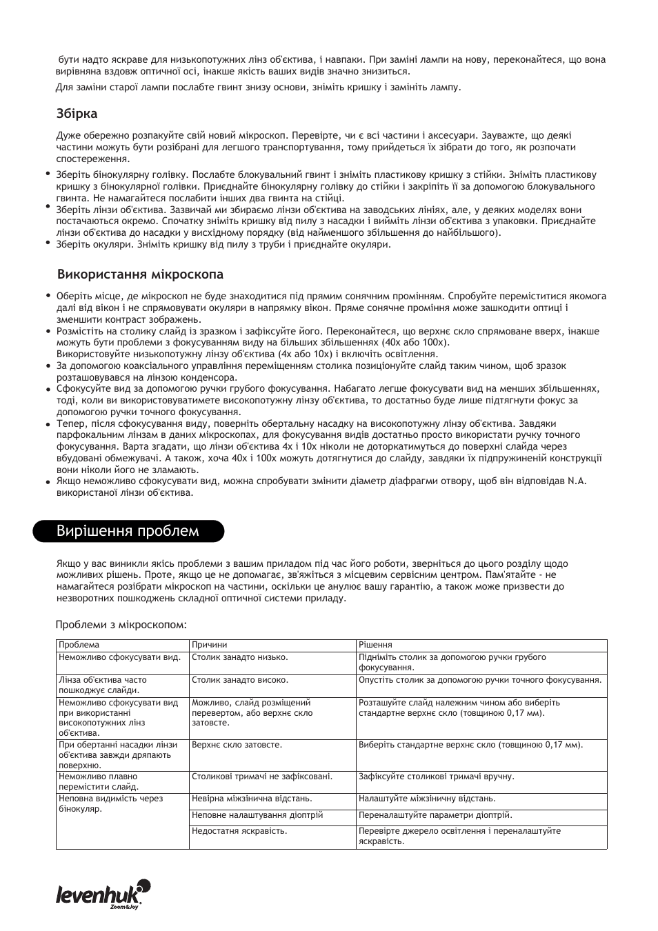 Вирішення проблем, Збірка використання мікроскопа | Levenhuk 850B Biological Binocular Microscope User Manual | Page 32 / 36