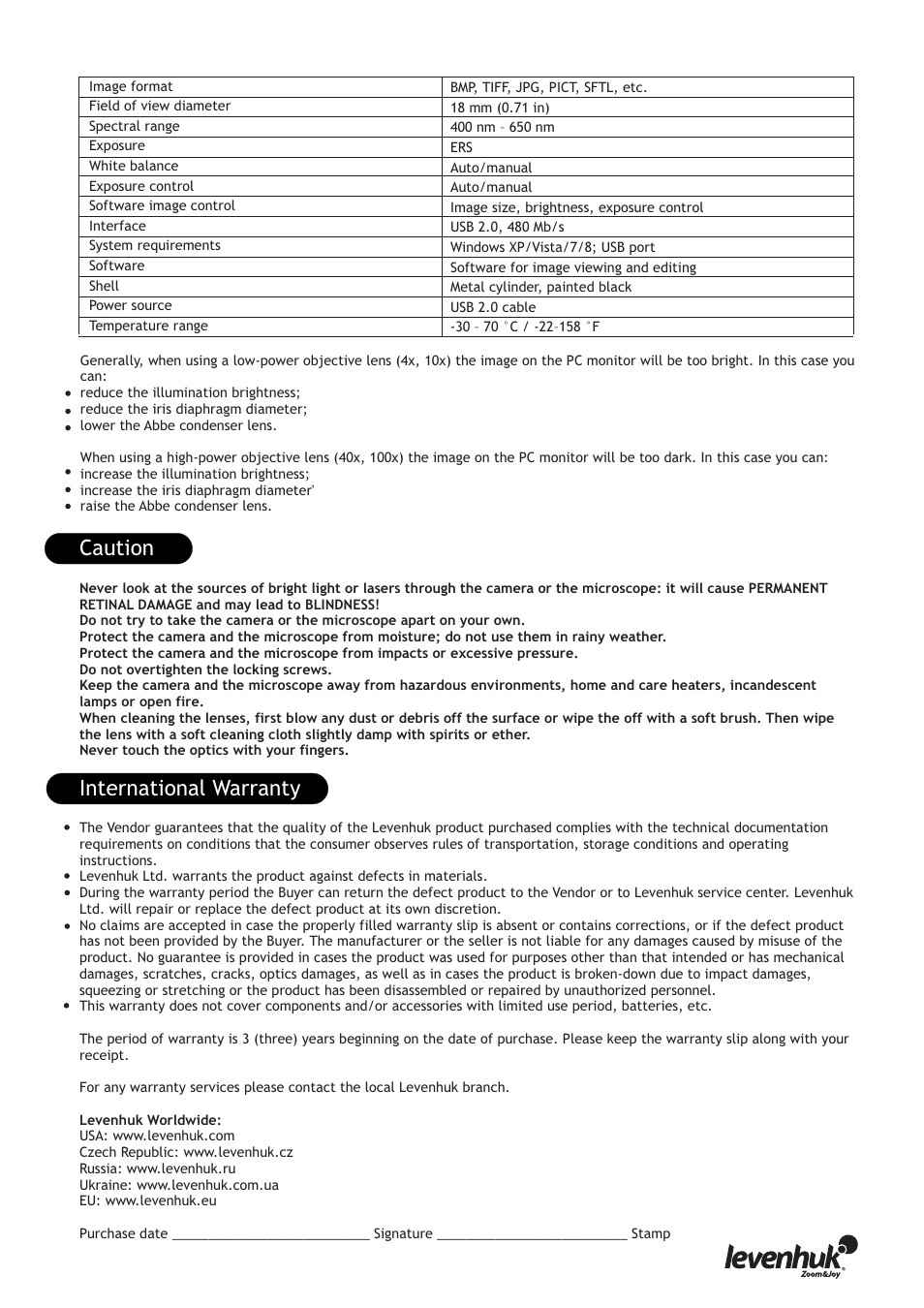 Принцип работы, Caution, International warranty | Levenhuk 850B Biological Binocular Microscope User Manual | Page 7 / 36