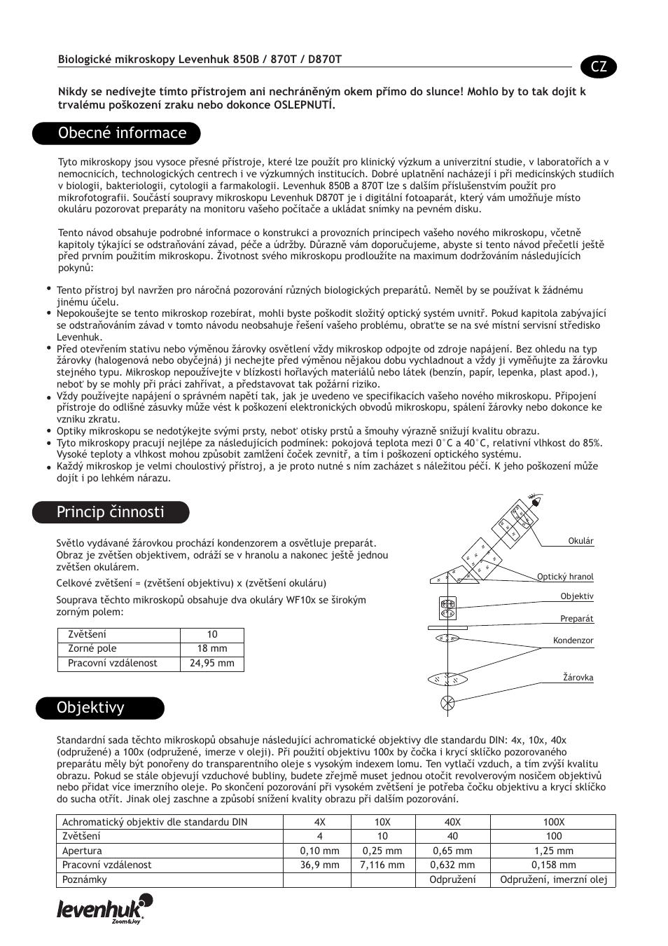 Obecné informace, Princip činnosti, Objektivy | Levenhuk 850B Biological Binocular Microscope User Manual | Page 8 / 36