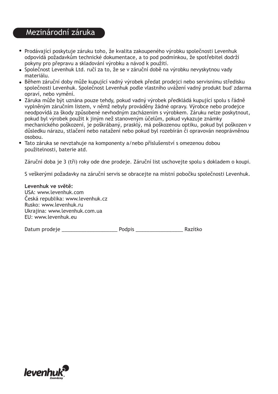 Mezinárodní záruka | Levenhuk D70L Digital Biological Microscope User Manual | Page 10 / 28