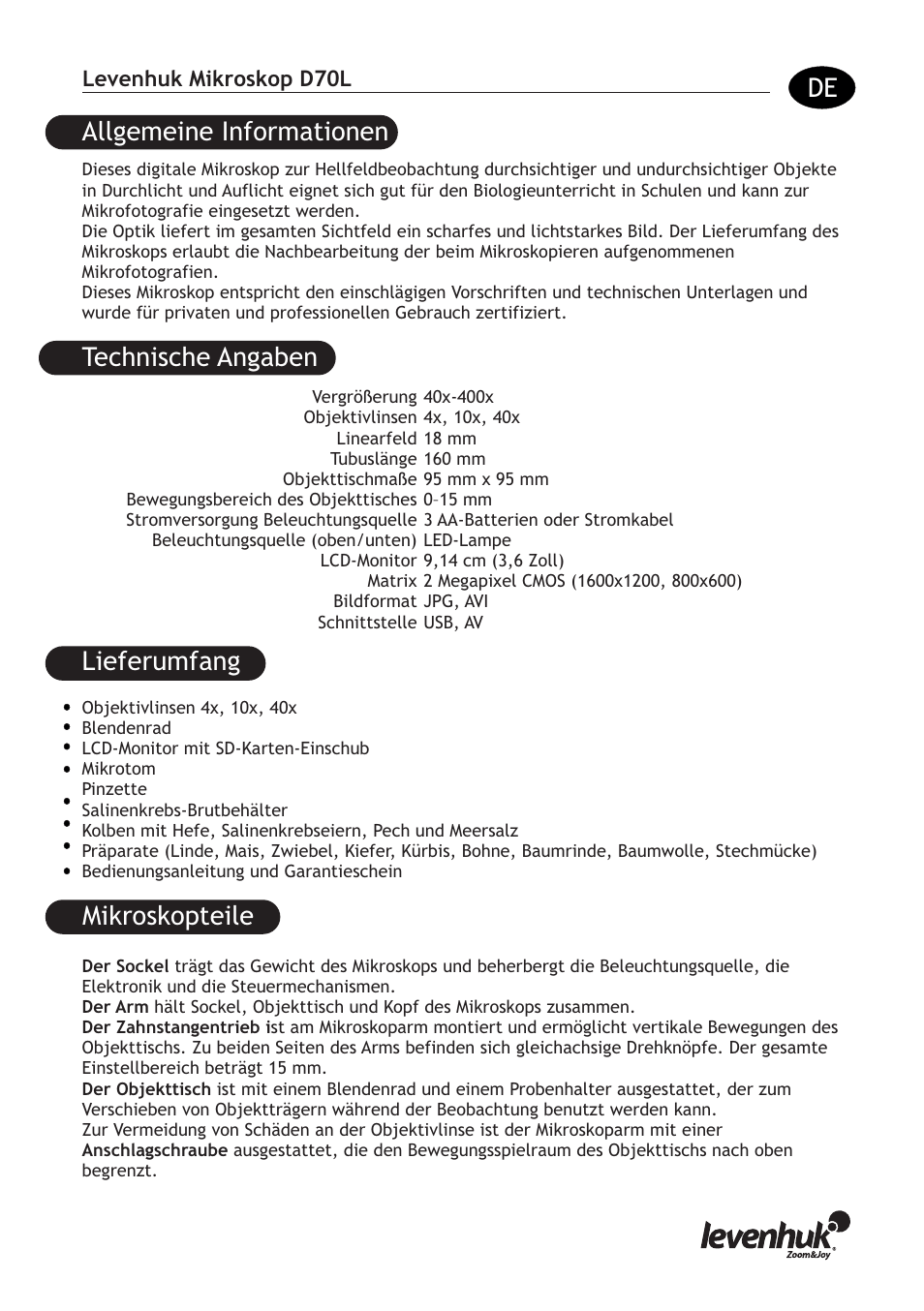 Allgemeine informationen, Technische angaben, Lieferumfang mikroskopteile | Levenhuk D70L Digital Biological Microscope User Manual | Page 11 / 28