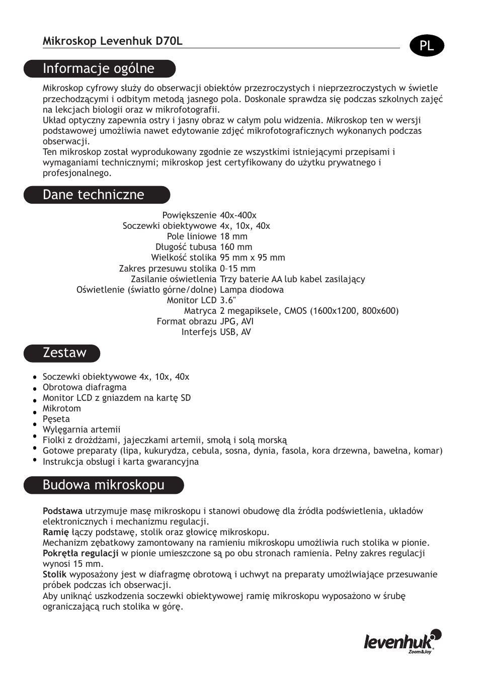 Informacje ogólne, Dane techniczne, Zestaw budowa mikroskopu | Levenhuk D70L Digital Biological Microscope User Manual | Page 15 / 28