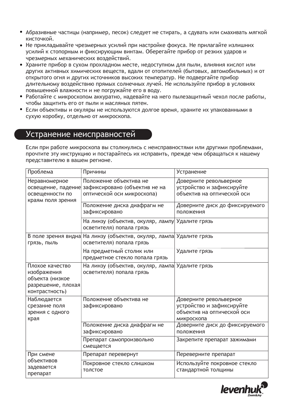 Устранение неисправностей | Levenhuk D70L Digital Biological Microscope User Manual | Page 21 / 28