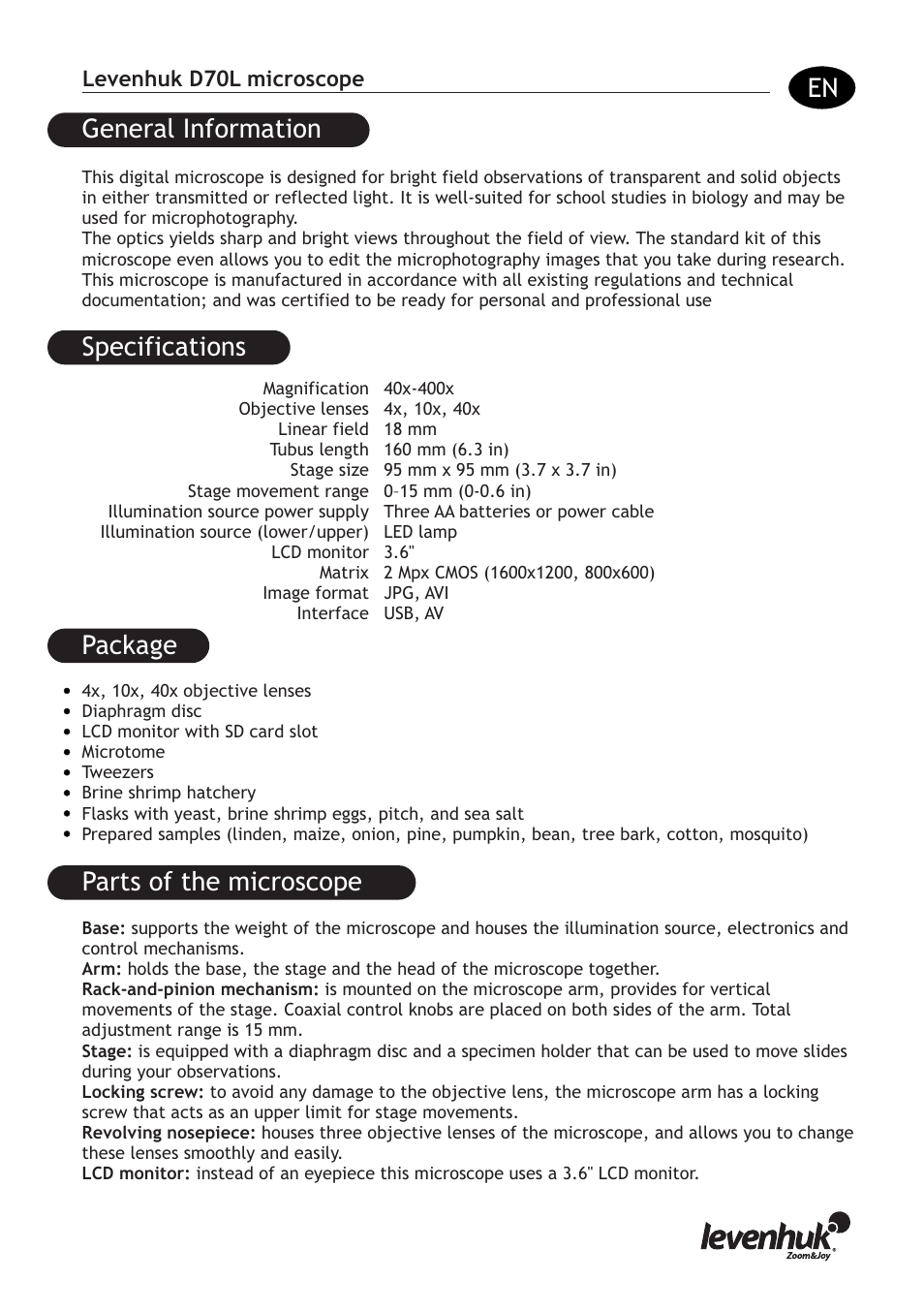 Specifications, Package parts of the microscope, General information | Levenhuk D70L Digital Biological Microscope User Manual | Page 3 / 28