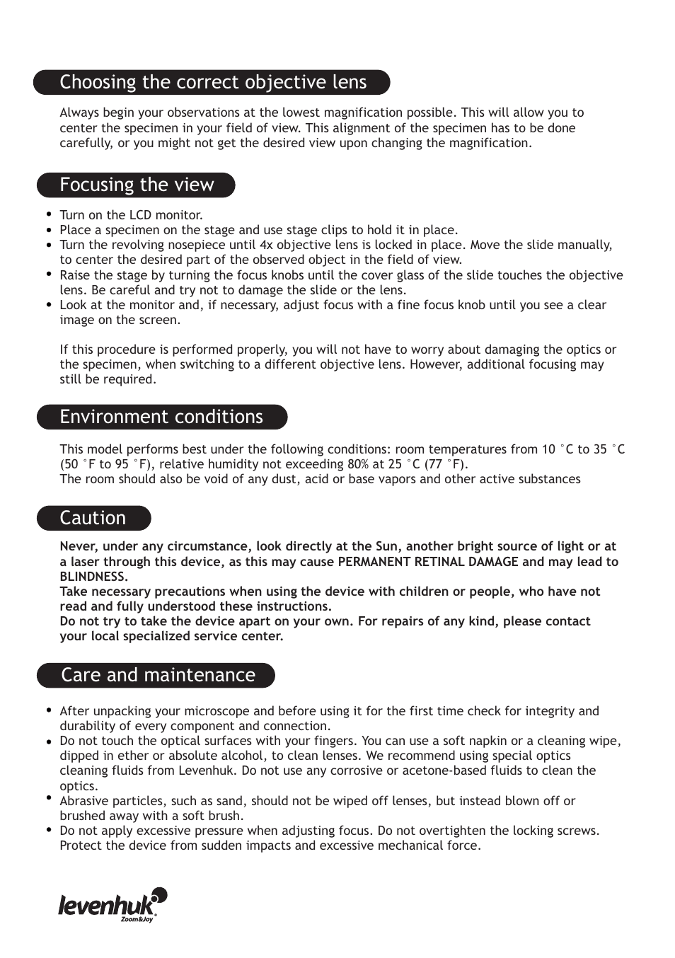 Care and maintenance | Levenhuk D70L Digital Biological Microscope User Manual | Page 4 / 28