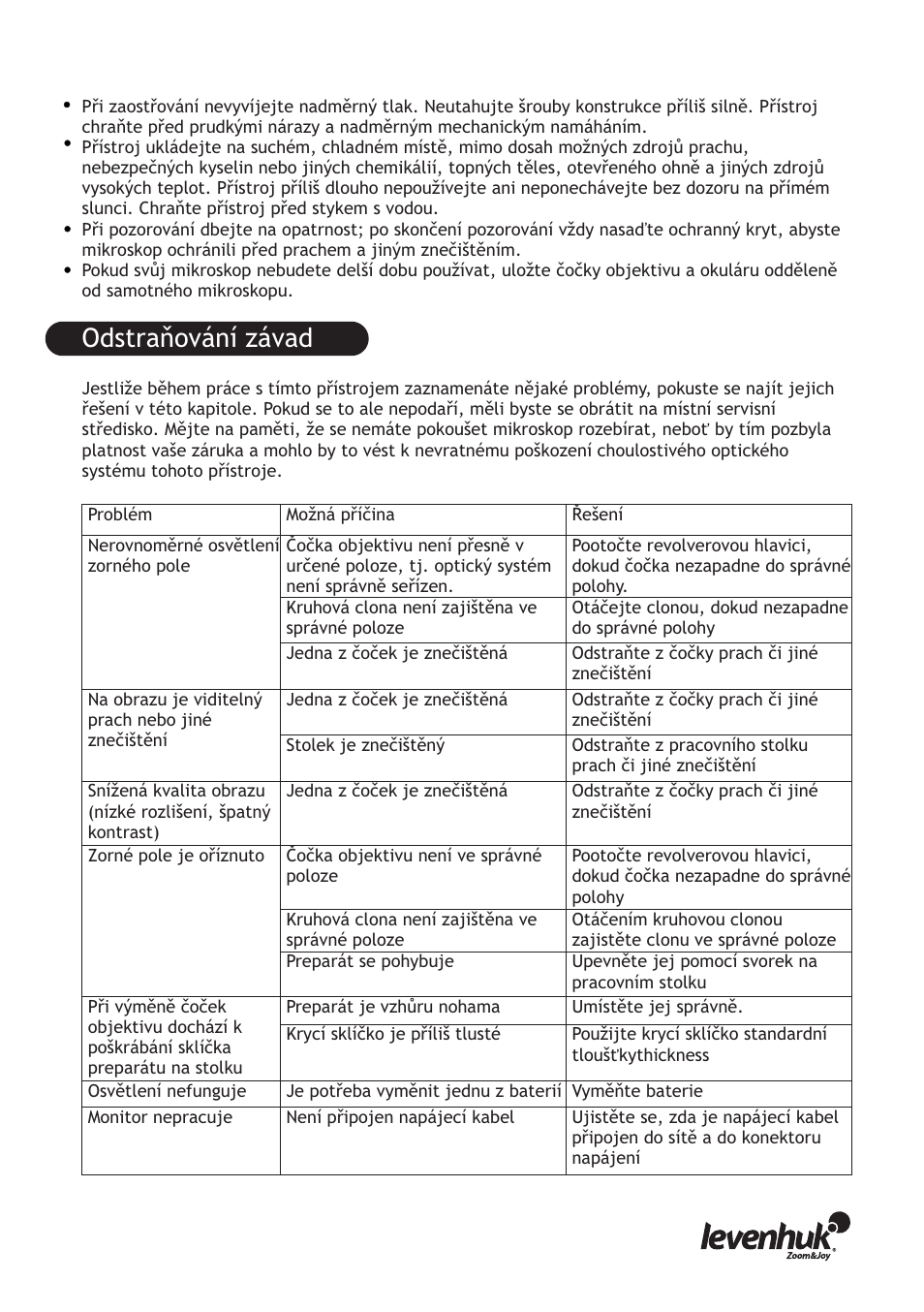 Odstraňování závad | Levenhuk D70L Digital Biological Microscope User Manual | Page 9 / 28